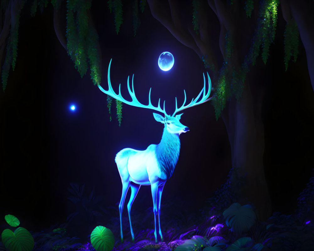 Majestic white stag in mystical nighttime forest with blue light and floating orbs