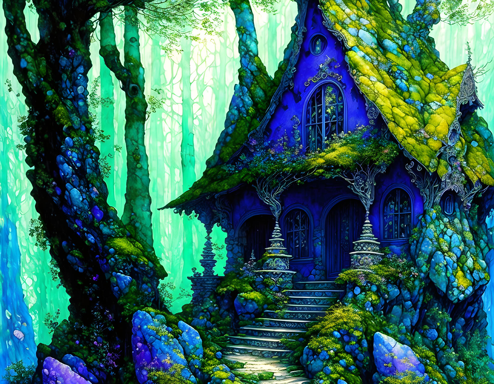 Enchanting Blue Cottage in Mystical Green Forest