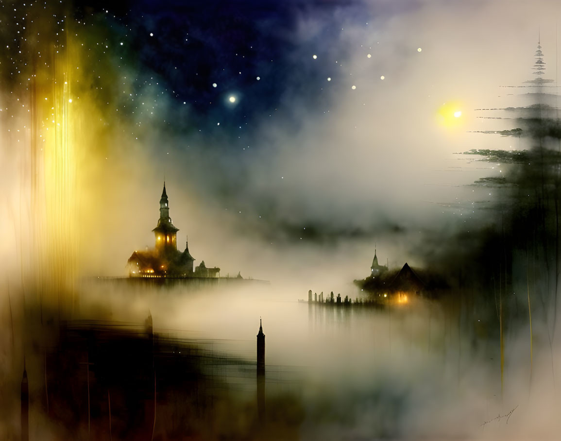 Mystical landscape with illuminated castle, fog, starry sky, and ethereal light rays