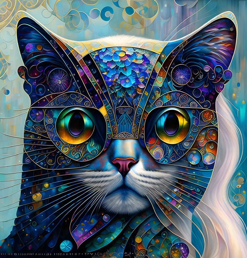 Vibrant digital artwork of a cat with colorful patterns and green eyes