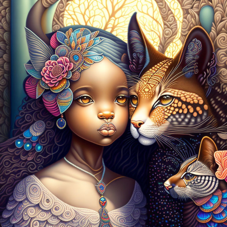 Illustration of dark-skinned girl with blue headwear and fantasy felines in decorative setting