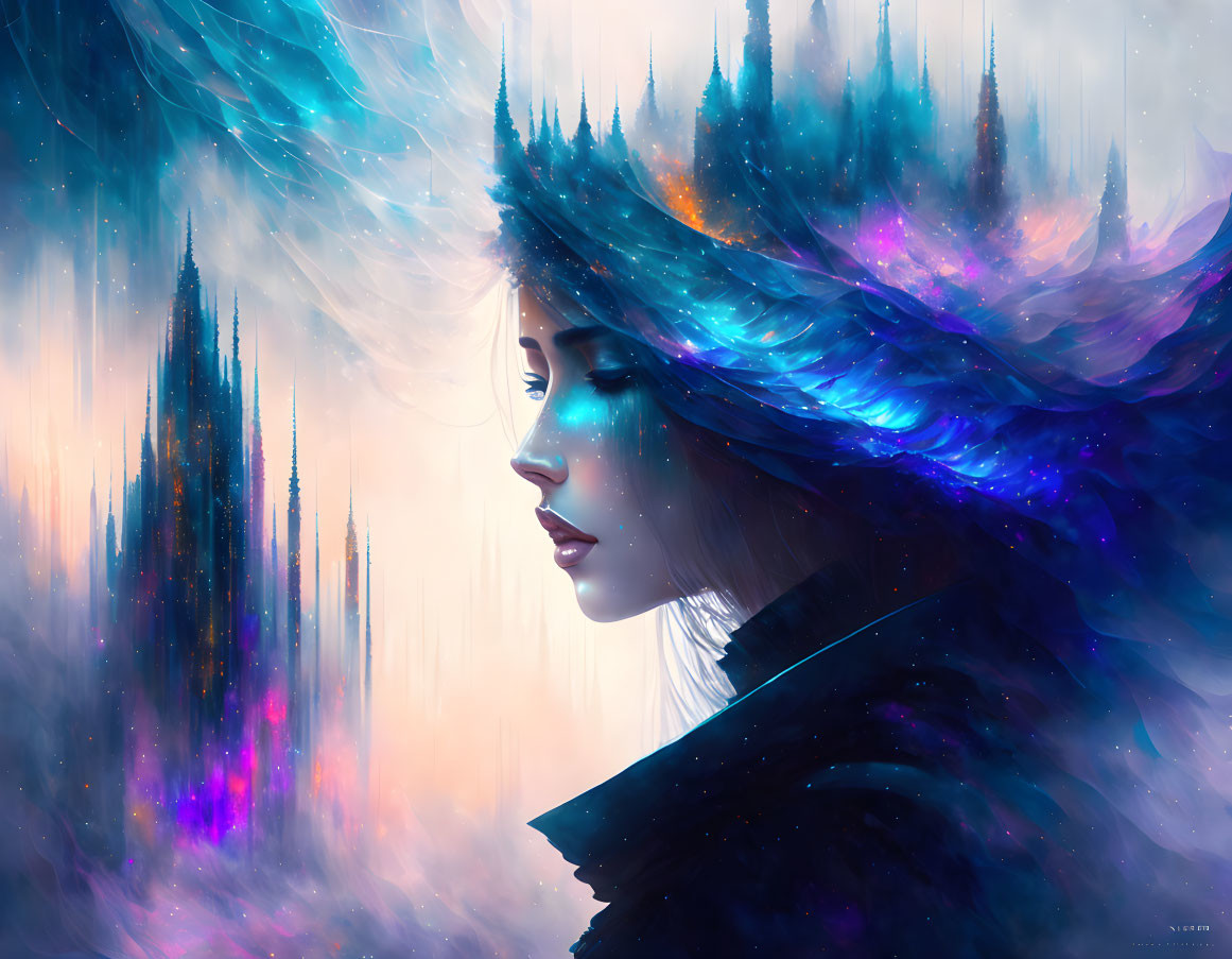 Vibrant digital artwork: Woman blending with cosmic cityscape