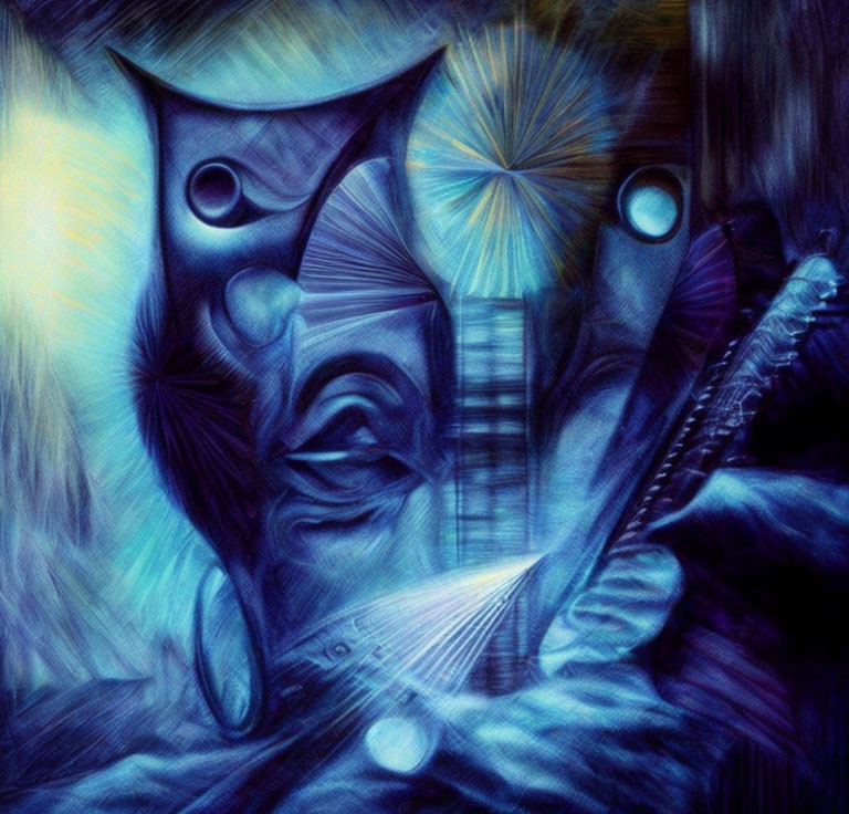 Blue-hued abstract art with distorted surreal figures and dream-like shapes.