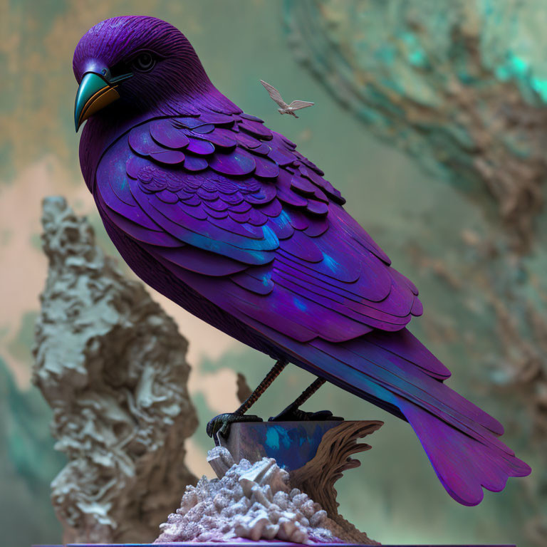 Colorful digital artwork featuring purple and blue bird on branch with surreal teal background