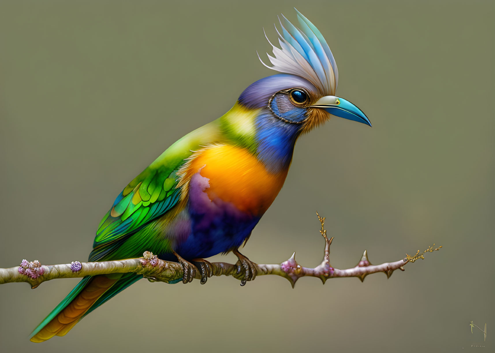 Colorful Bird with Blue Crest and Vibrant Plumage Perched on Twig