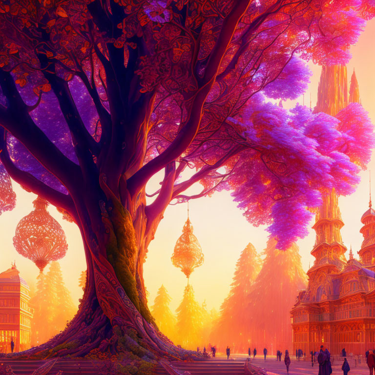 Luminous scene of grand tree and ornate golden structures at sunset