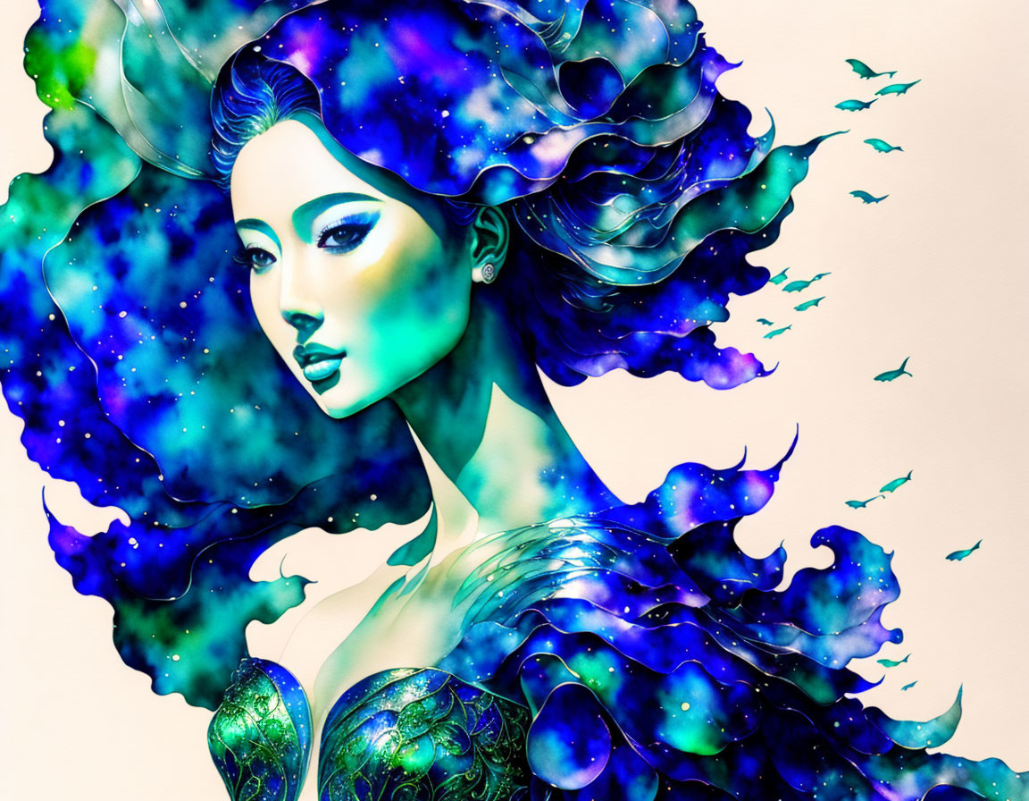 Celestial-themed fantasy art with vibrant blue and green hues, flowing hair, and birds.