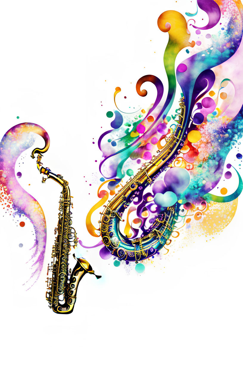 Colorful Abstract Saxophone Art with Swirls & Splatters