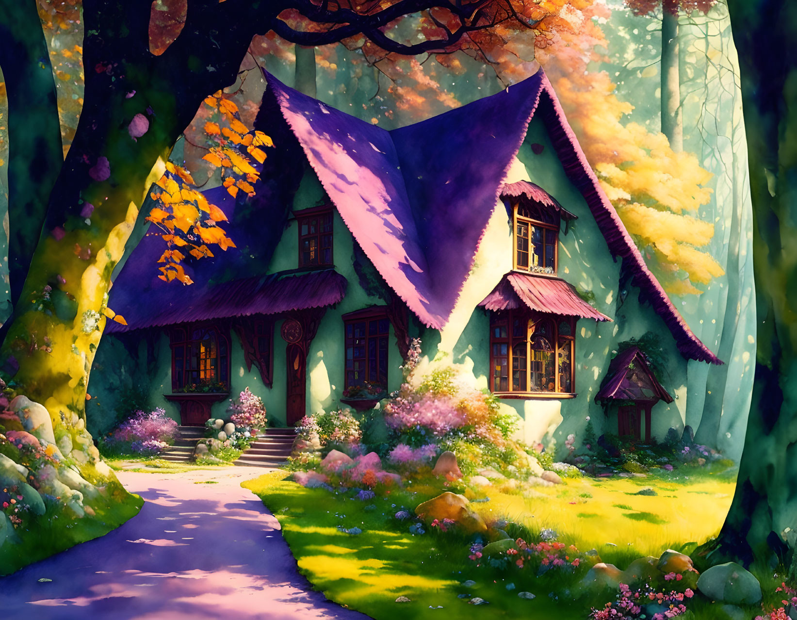 Purple-roofed cottage in vibrant forest with blooming flowers