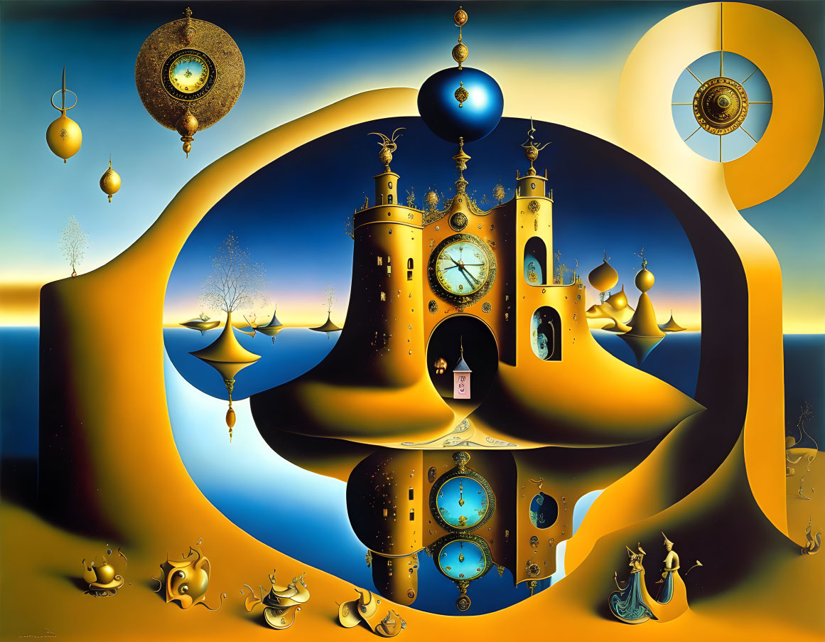 Surreal castle-clocks in desert landscape with floating orbs