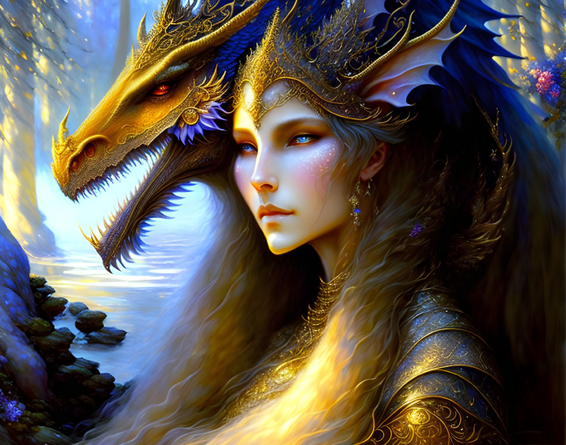 Fantasy Art: Woman with Golden Headgear & Majestic Dragon in Mystical Forest