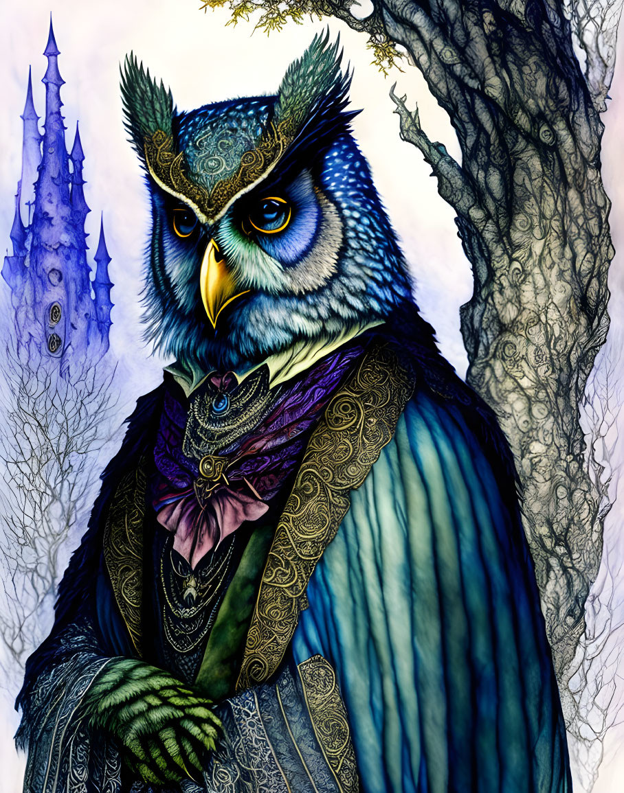 Regal anthropomorphic owl with intricate attire and gloomy castle.