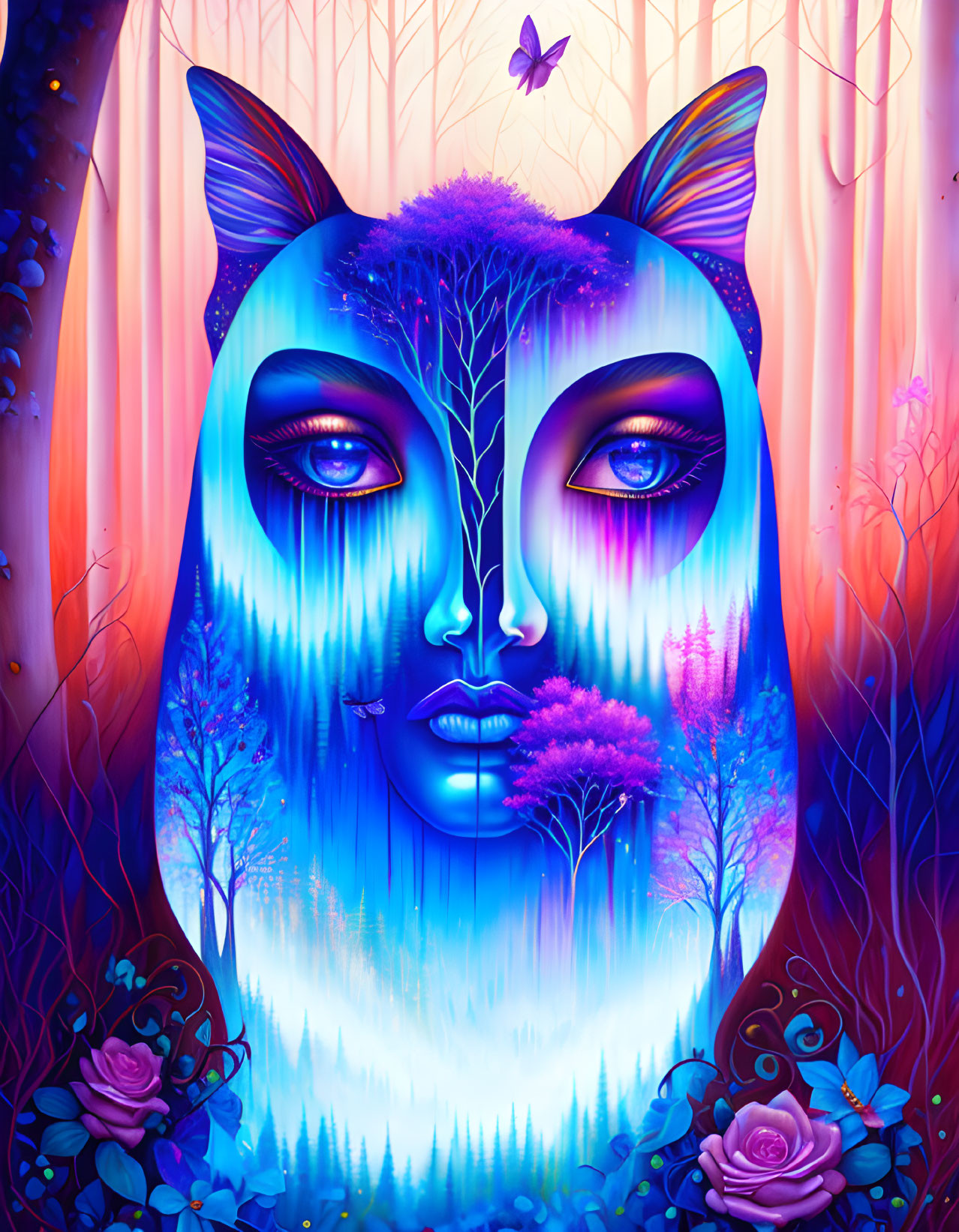 Colorful Artwork: Mystical Feline-Faced Figure in Purple, Blue, and Pink Forest