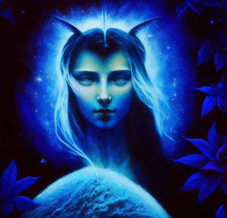 Mystical female figure portrait with glowing eyes and celestial theme