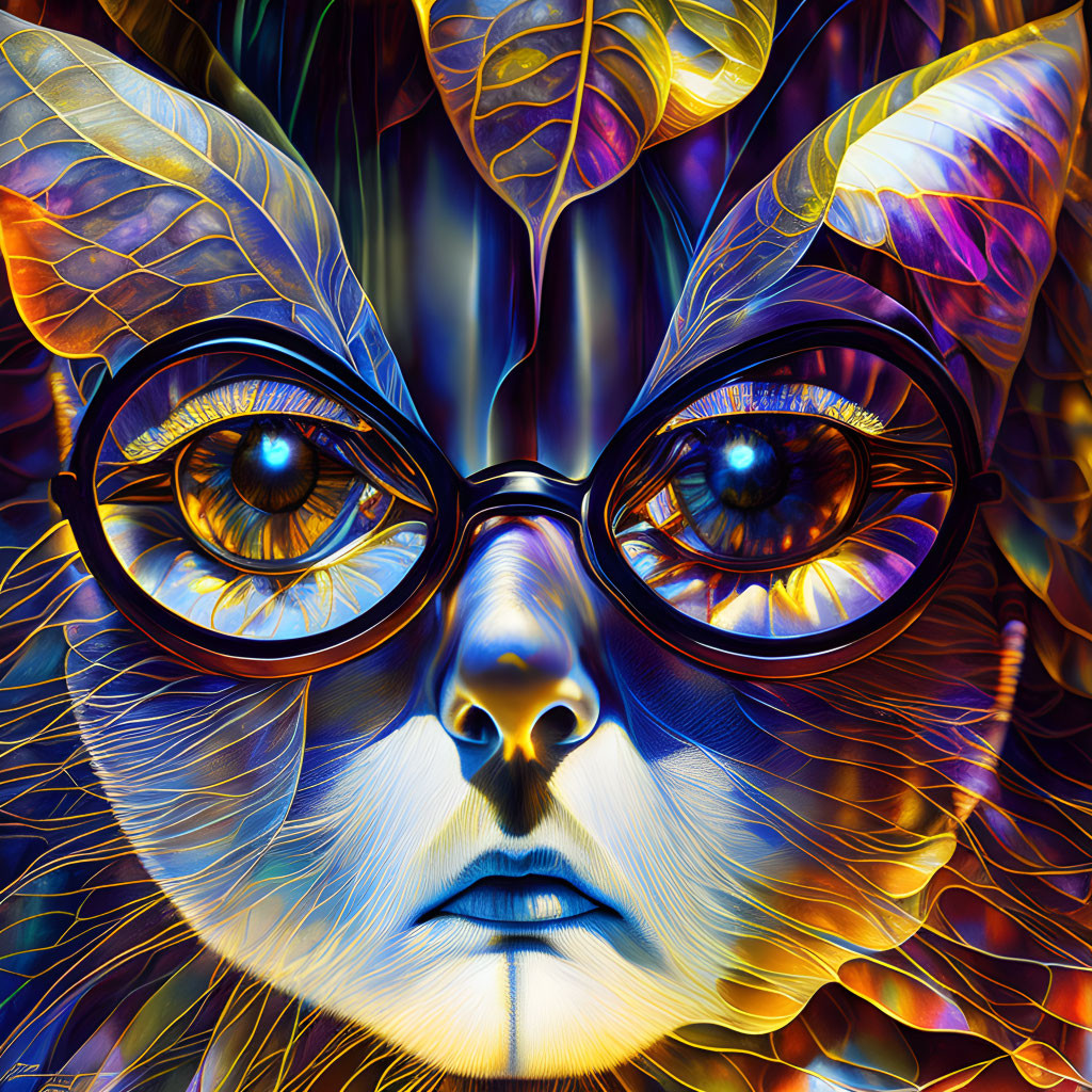 Colorful digital artwork: Cat's face with human-like eyes and glasses in leafy kaleidoscope