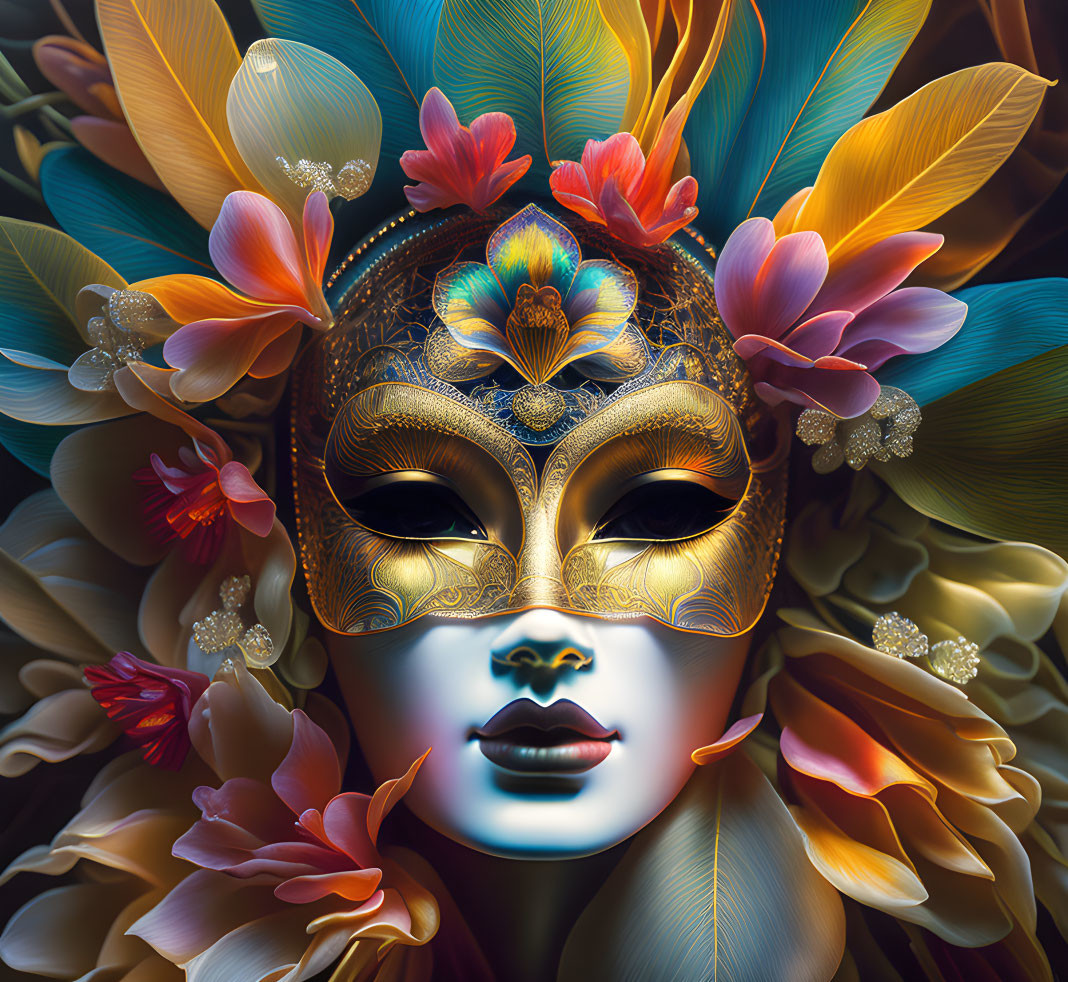 Golden Mask with Tropical Flowers and Feathers: Exotic Beauty and Mystery