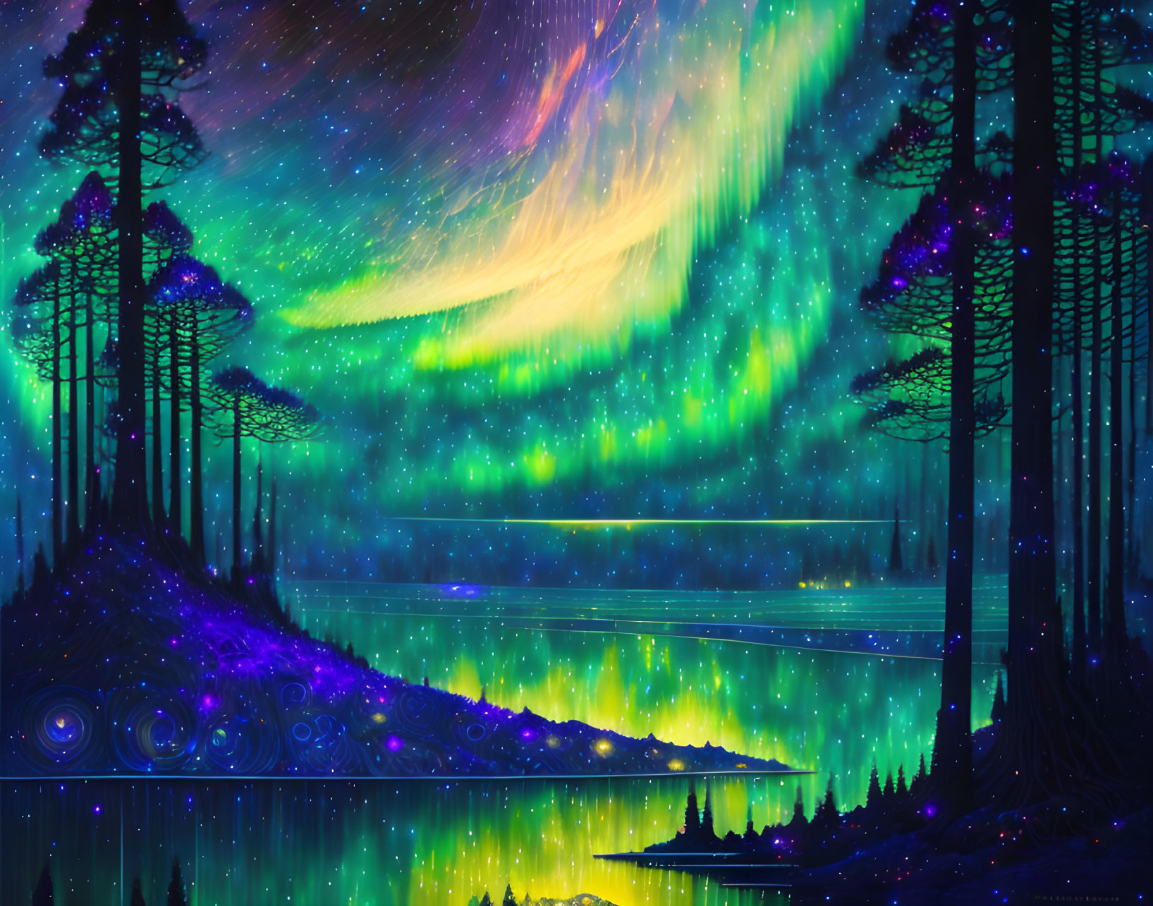 Digital artwork: Vibrant forest under luminous night sky with aurora borealis and stars reflecting on