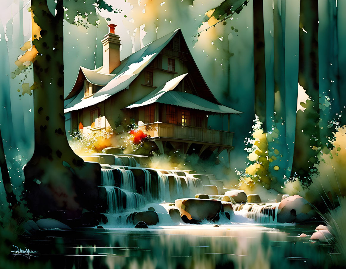 Tranquil forest landscape with house on waterfall