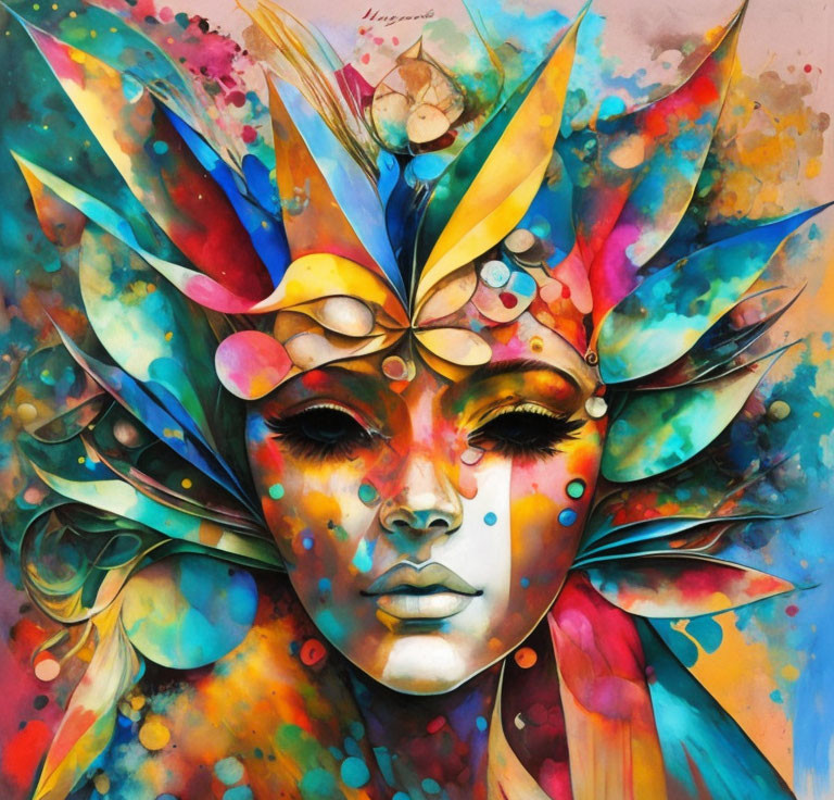 Colorful abstract painting of a face with feather-like elements and patterns