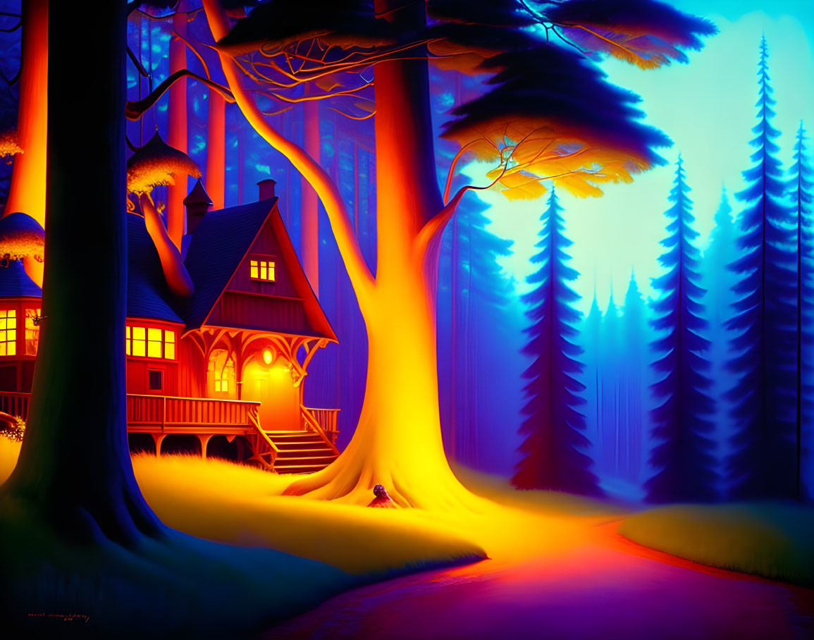 Fantastical forest scene: Cozy house, glowing trees, blue mist