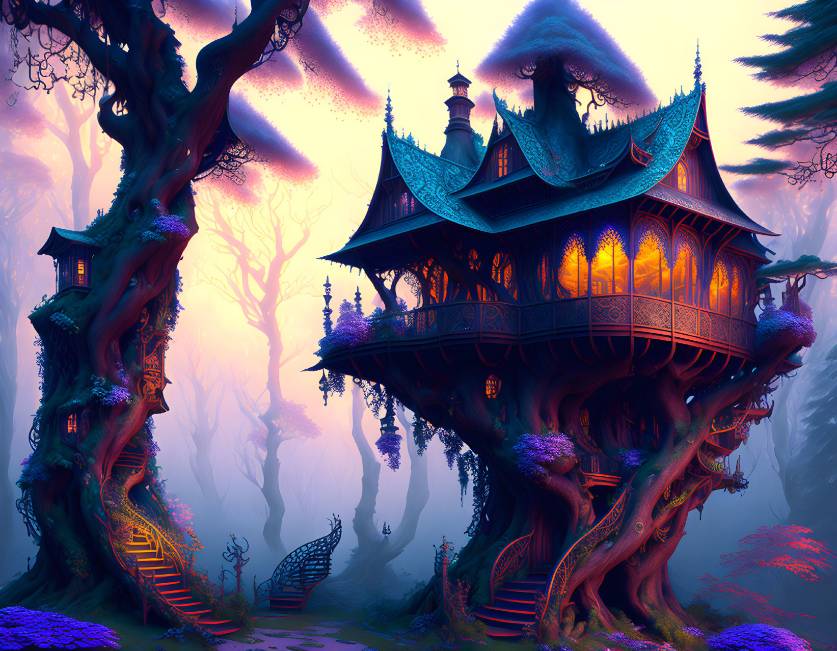 Intricate Treehouse in Mystical Forest with Purple Sky