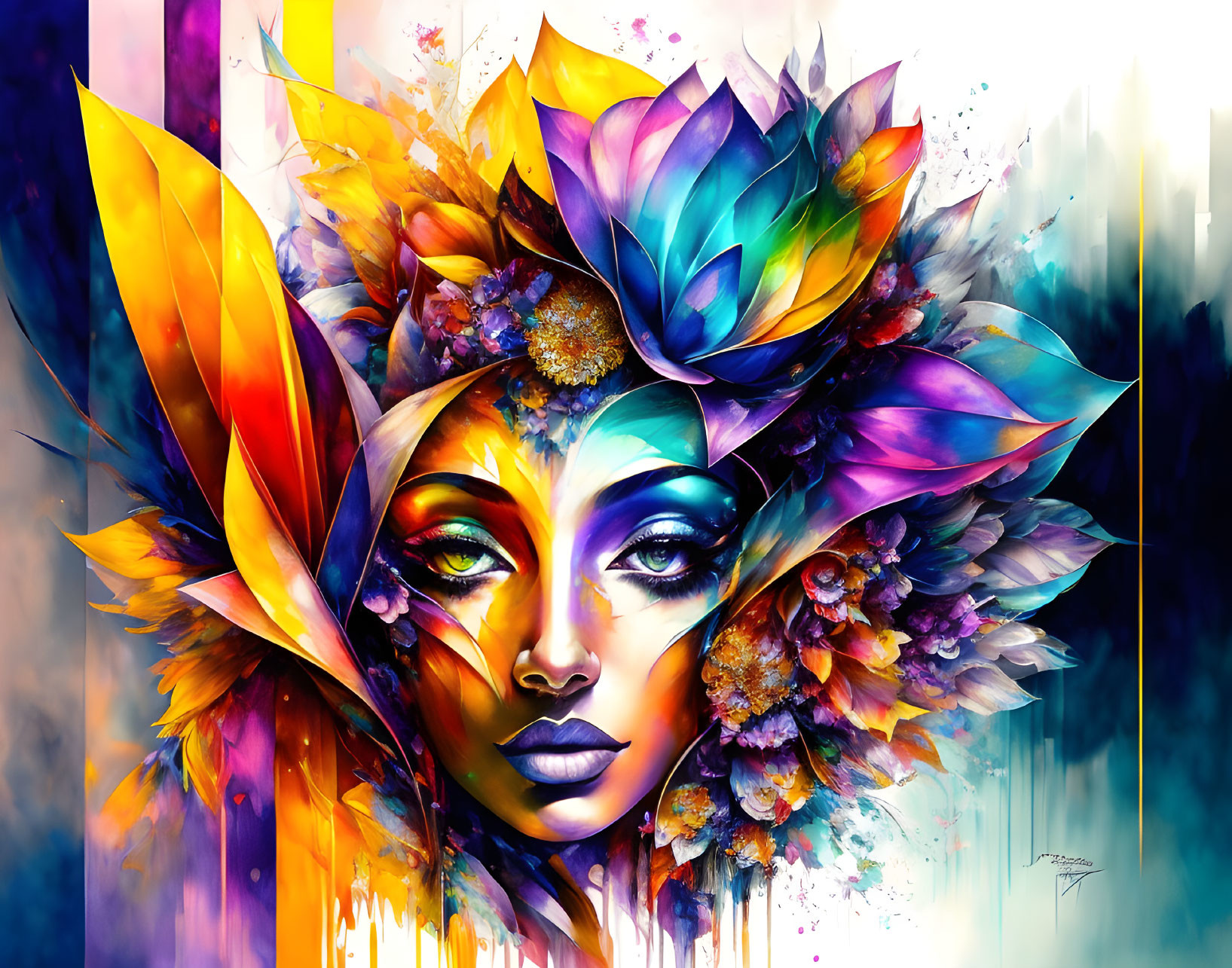 Colorful woman illustration with headdress on bright abstract background