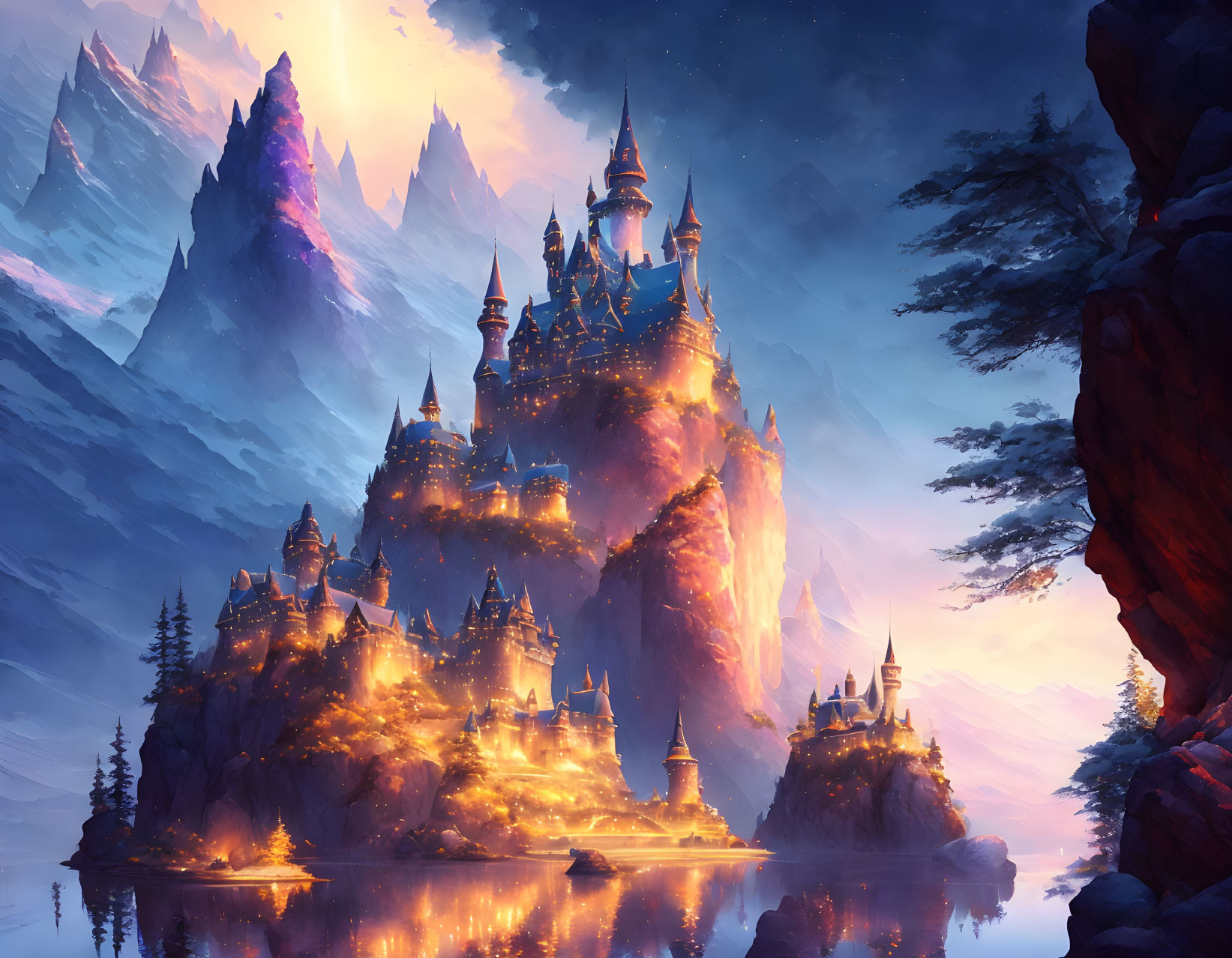 Majestic castle overlooking lake and mountains at twilight