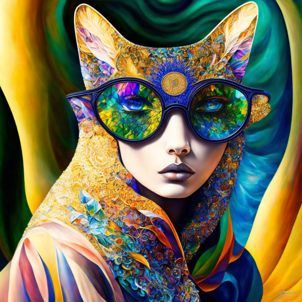 Surreal portrait of a woman with cat-like features and sun-shaped glasses