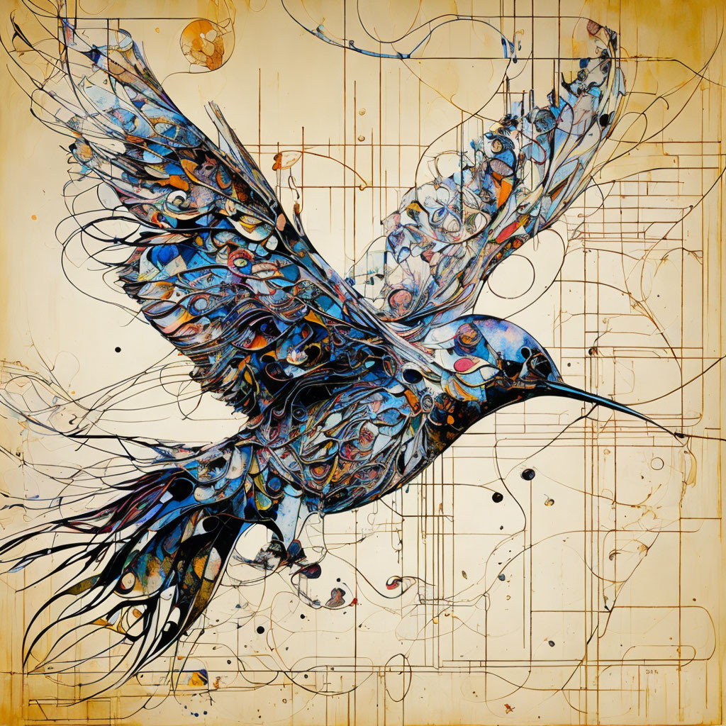 Vibrant blue bird in flight with intricate patterns on warm beige background