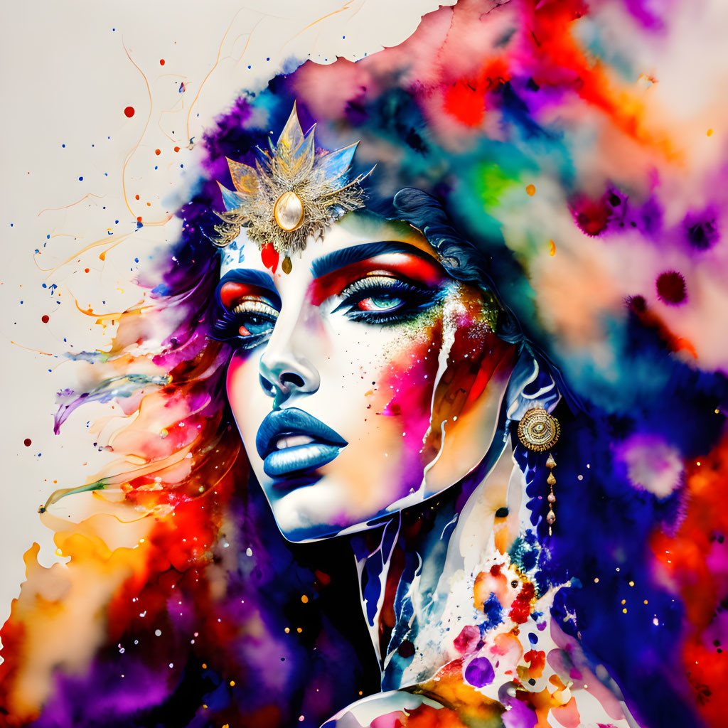 Colorful splattered paint backdrop with woman in dramatic makeup and decorative headpiece