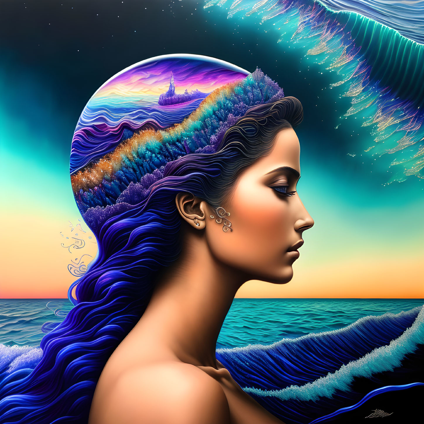 Woman with Blue Hair in Surreal Seascape with Sunset Sky and Ship