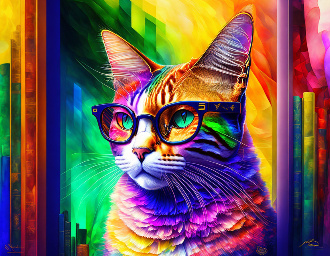 Vibrant Cat with Glasses on Colorful Abstract Background