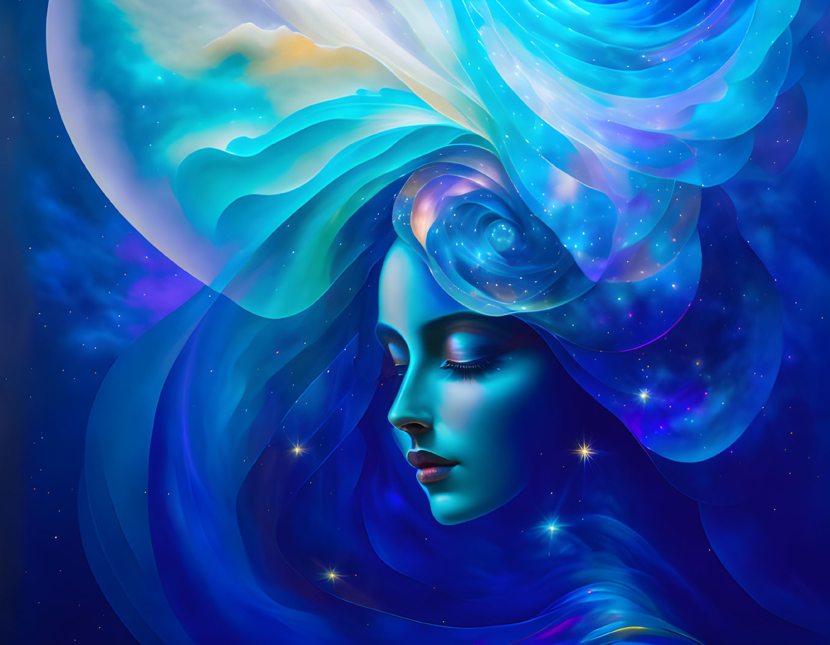 Illustration of woman with galaxy hair and nebula background