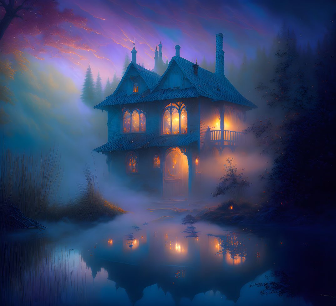 Victorian house by misty lake under twilight sky