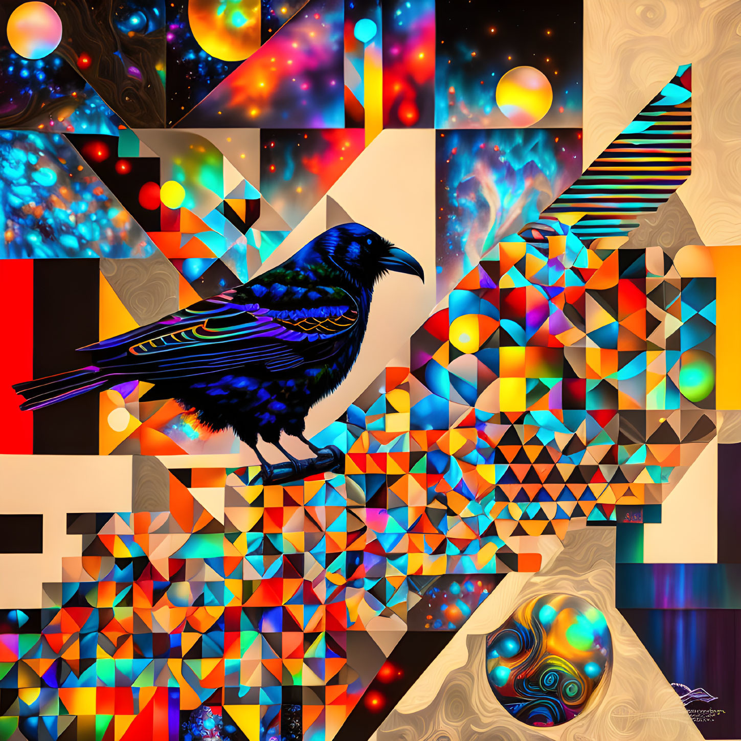 Colorful Abstract Geometric Art with Crow and Cosmic Patterns