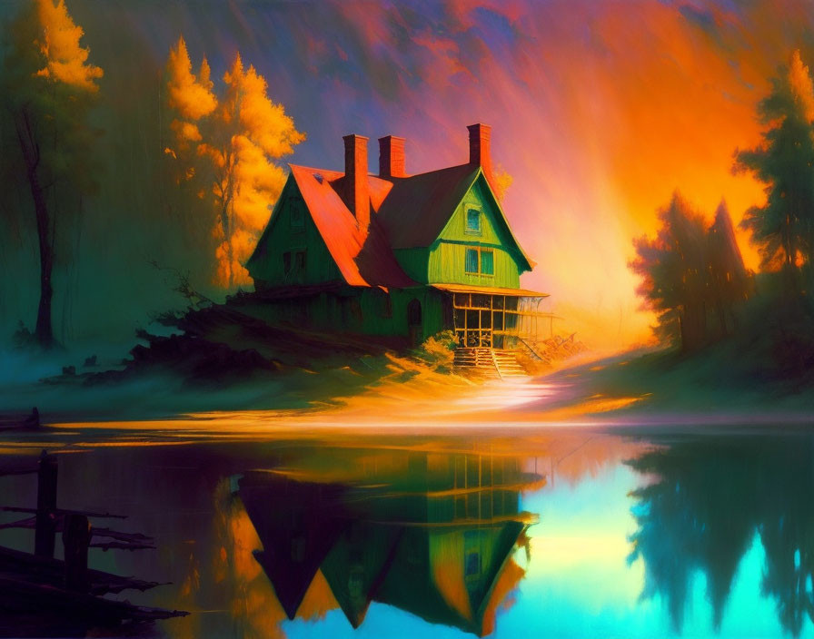 Colorful House by Still Lake: Sunset/Sunrise Reflections