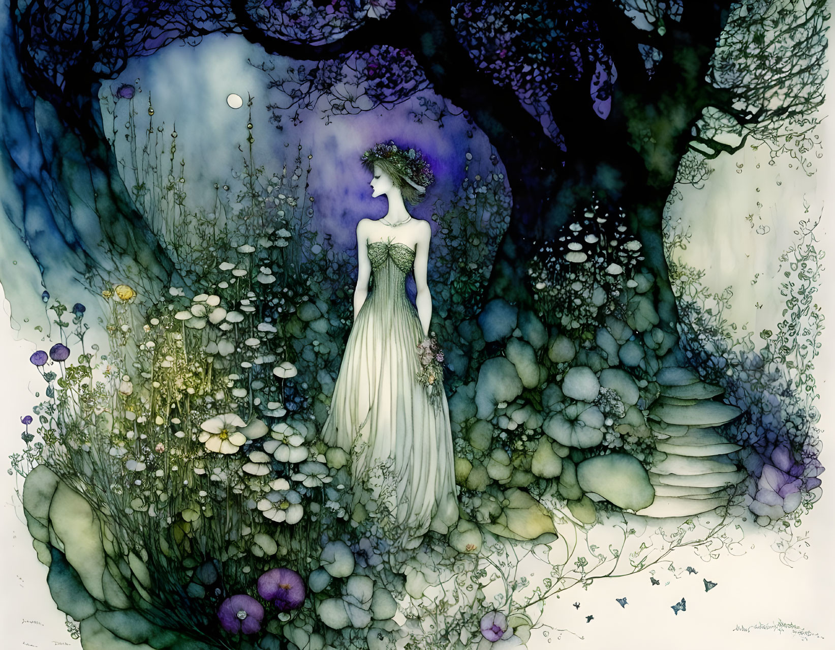 Ethereal woman in white dress in vibrant mystical forest