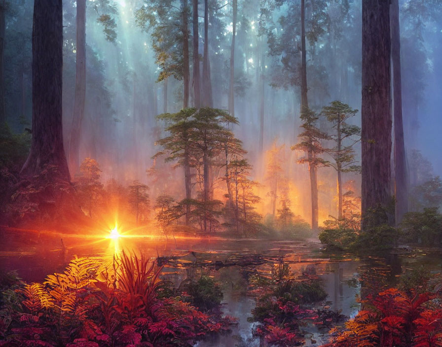 Tranquil forest sunrise or sunset with mist, trees, and water