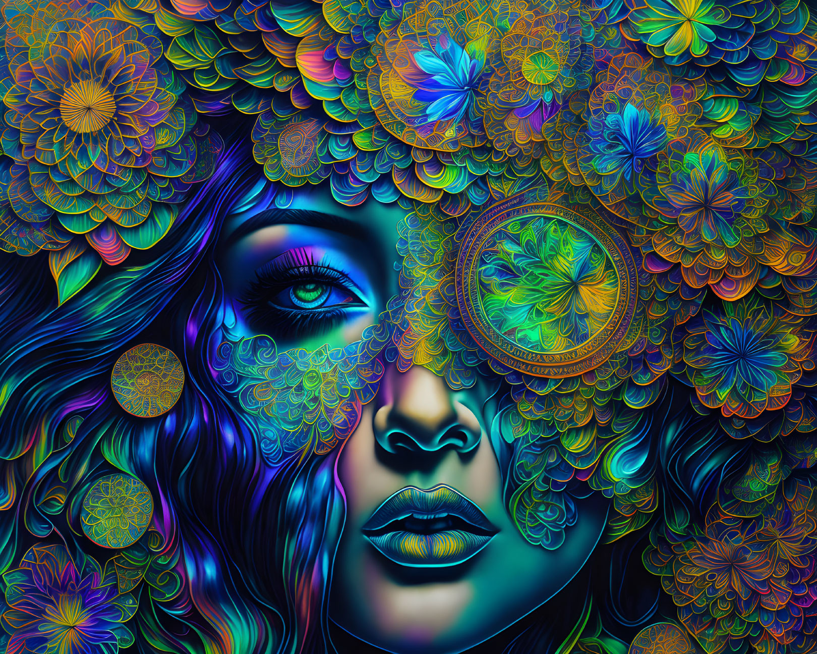 Colorful Digital Art: Woman's Face with Floral Patterns & Psychedelic Designs