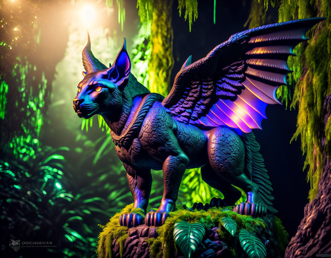 Digital artwork: Winged sphinx creature in mystical forest