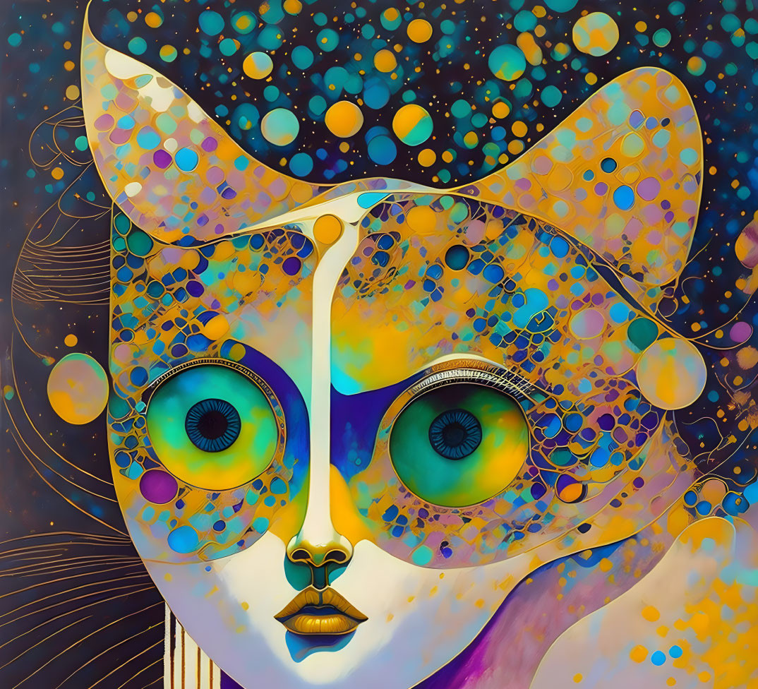 Colorful surreal artwork: cat with human-like eyes in cosmic setting