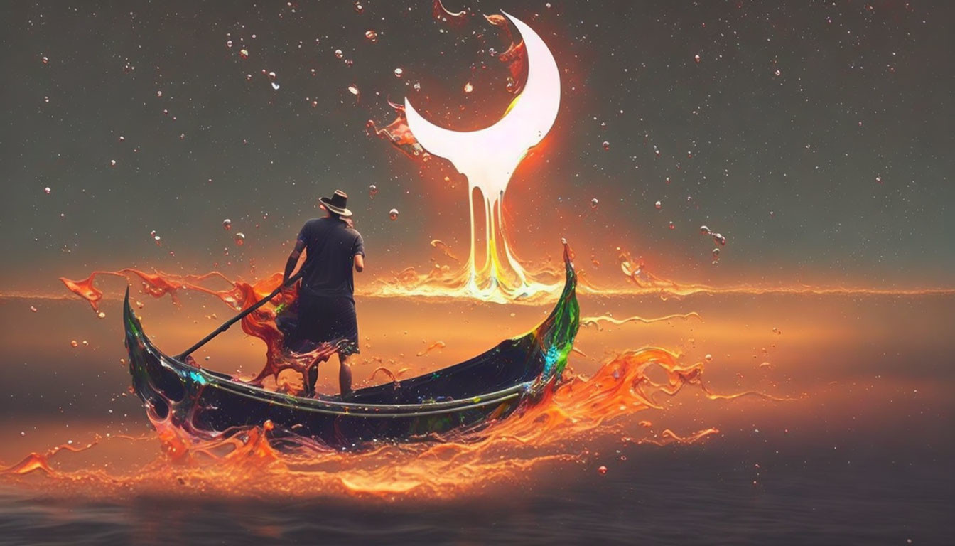 Person in hat rows gondola on fiery water under starry sky with large crescent moon.