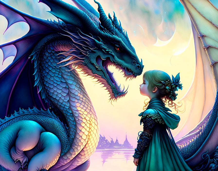 Young girl in green dress meets friendly blue dragon in purple landscape