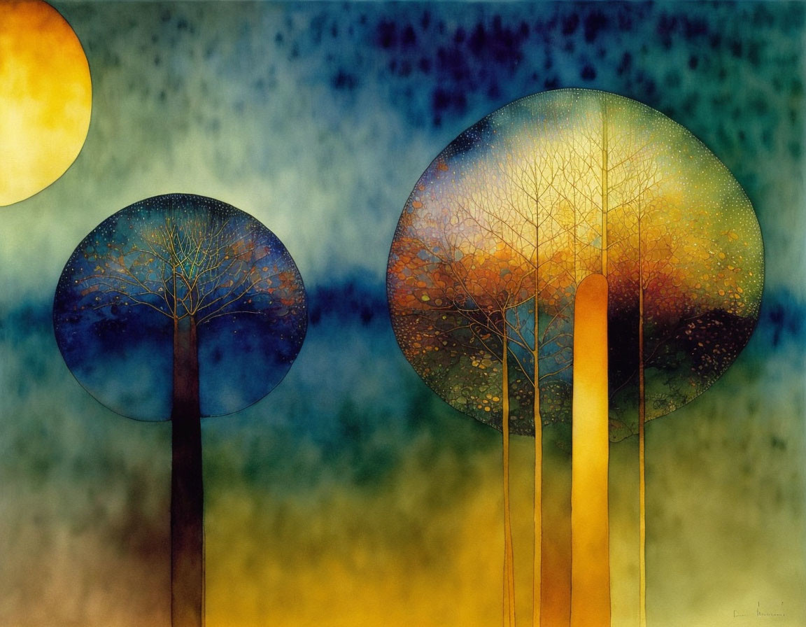 Colorful artistic painting of stylized trees against blue and yellow gradient with sun and moon shapes.