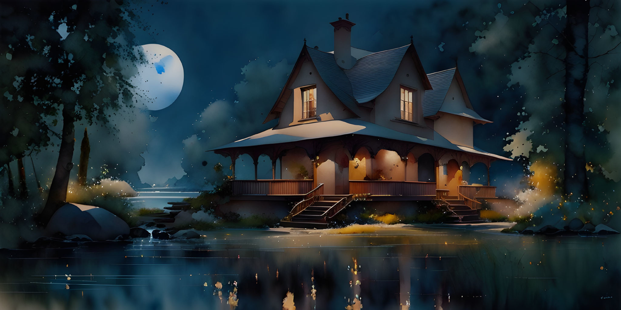 Tranquil night landscape: cozy house by lake under full moon