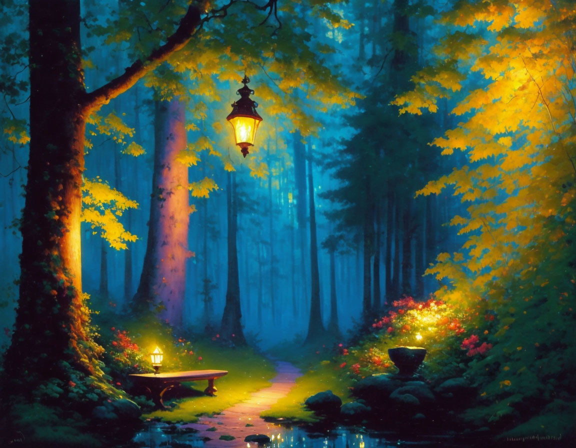 Golden foliage and glowing lantern in serene forest setting