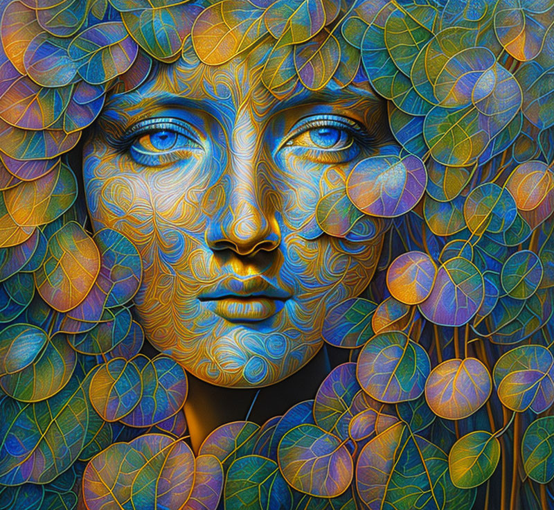 Colorful Digital Art: Woman's Face Camouflaged in Leaf-like Patterns