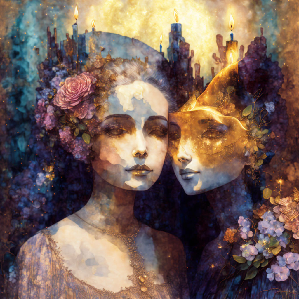 Ethereal female figures with cityscape and floral features in golden nebula scenery