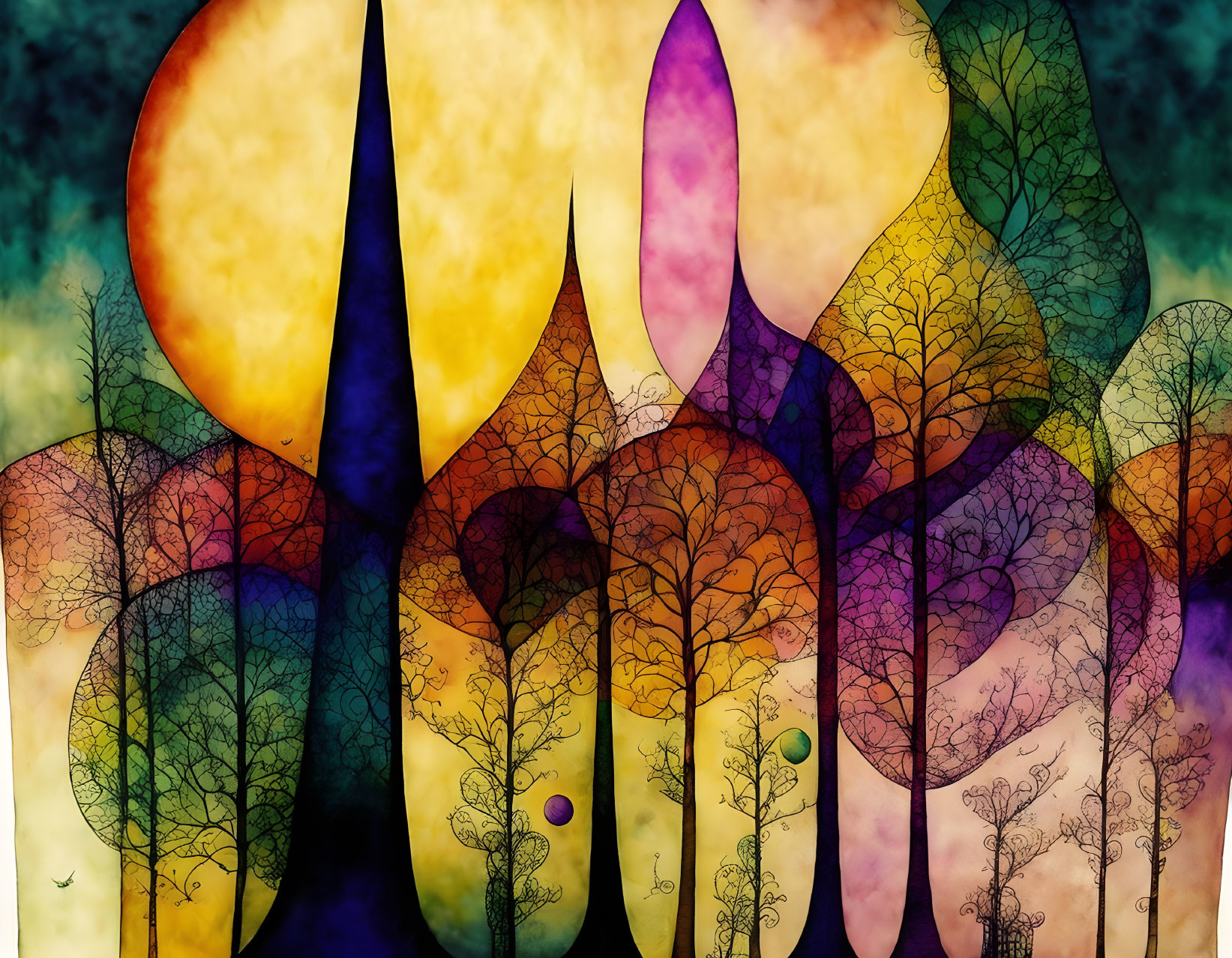 Abstract tree silhouette art on colorful gradient background