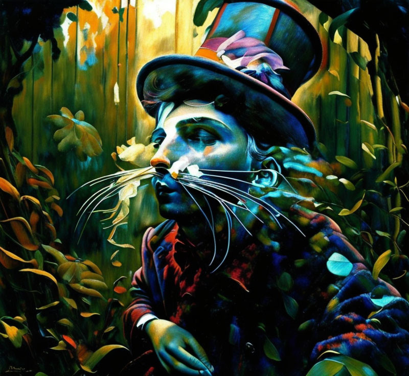 Colorful painting of person with exaggerated facial features in top hat in stylized forest